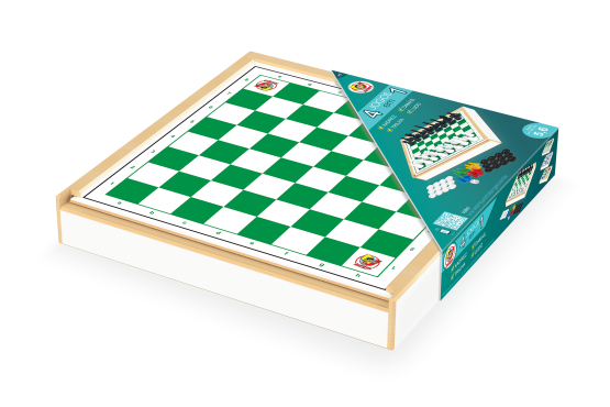 Jogo Educativo Tabuleiro Madeira 4x1 - Xadrez, Ludo, Dama e Trilha